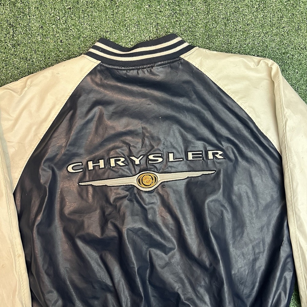 Y2K Chrysler Varsity Jacket XL Wool Faux Leather Logo Back Snap Button Bomber